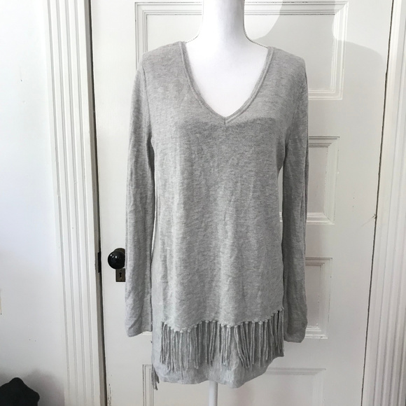 Anthro Ella Moss Gray Fringe Pullover Sweater - Picture 1 of 7
